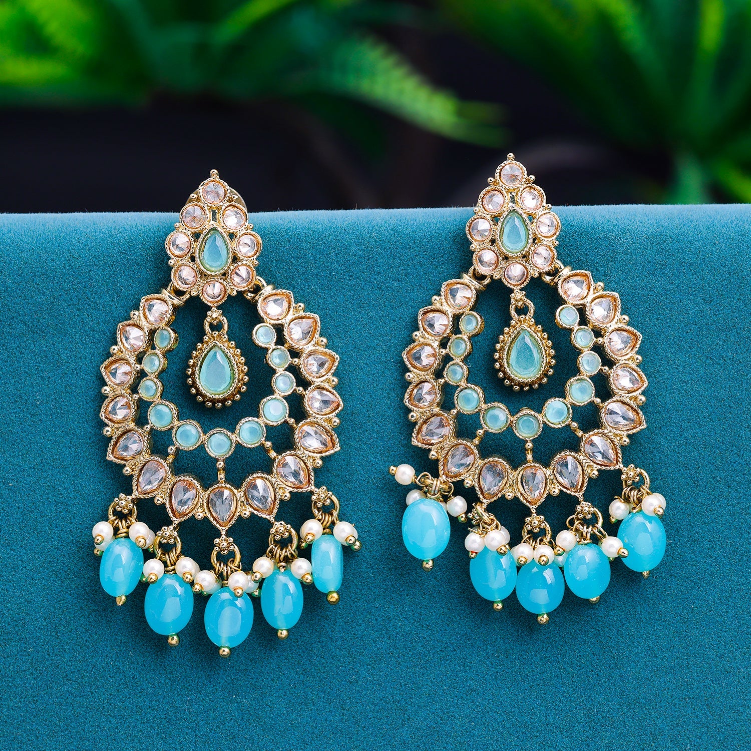 Sukkhi Blue Gold Plated Reverse AD & Pearl Dangle Earring For Women