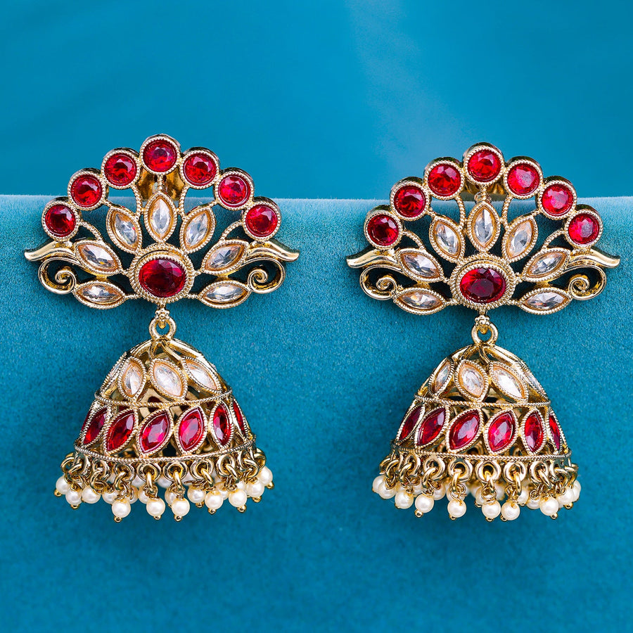 Sukkhi Maroon Gold Plated Reverse AD & Pearl Jhumka Earring For Women