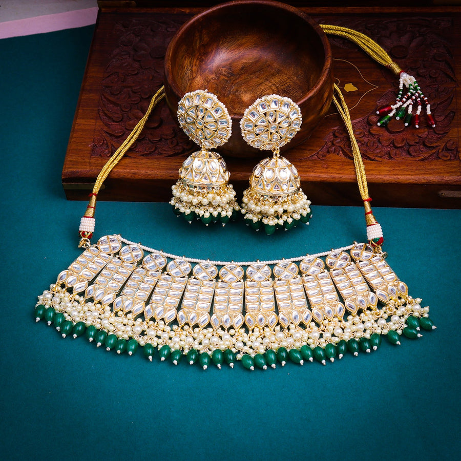 Sukkhi Green Gold Plated Kundan & Pearl Choker Necklace Set For Women