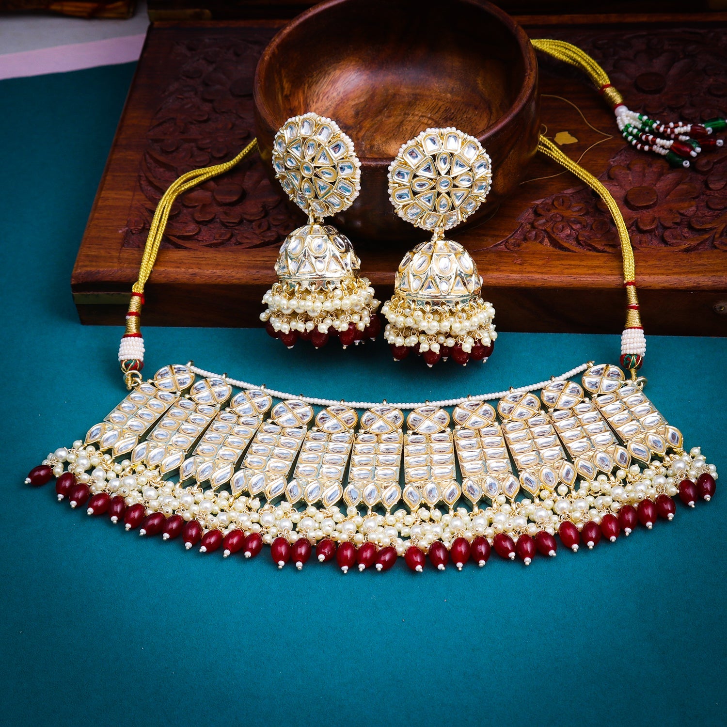 Sukkhi Maroon Gold Plated Kundan & Pearl Choker Necklace Set For Women