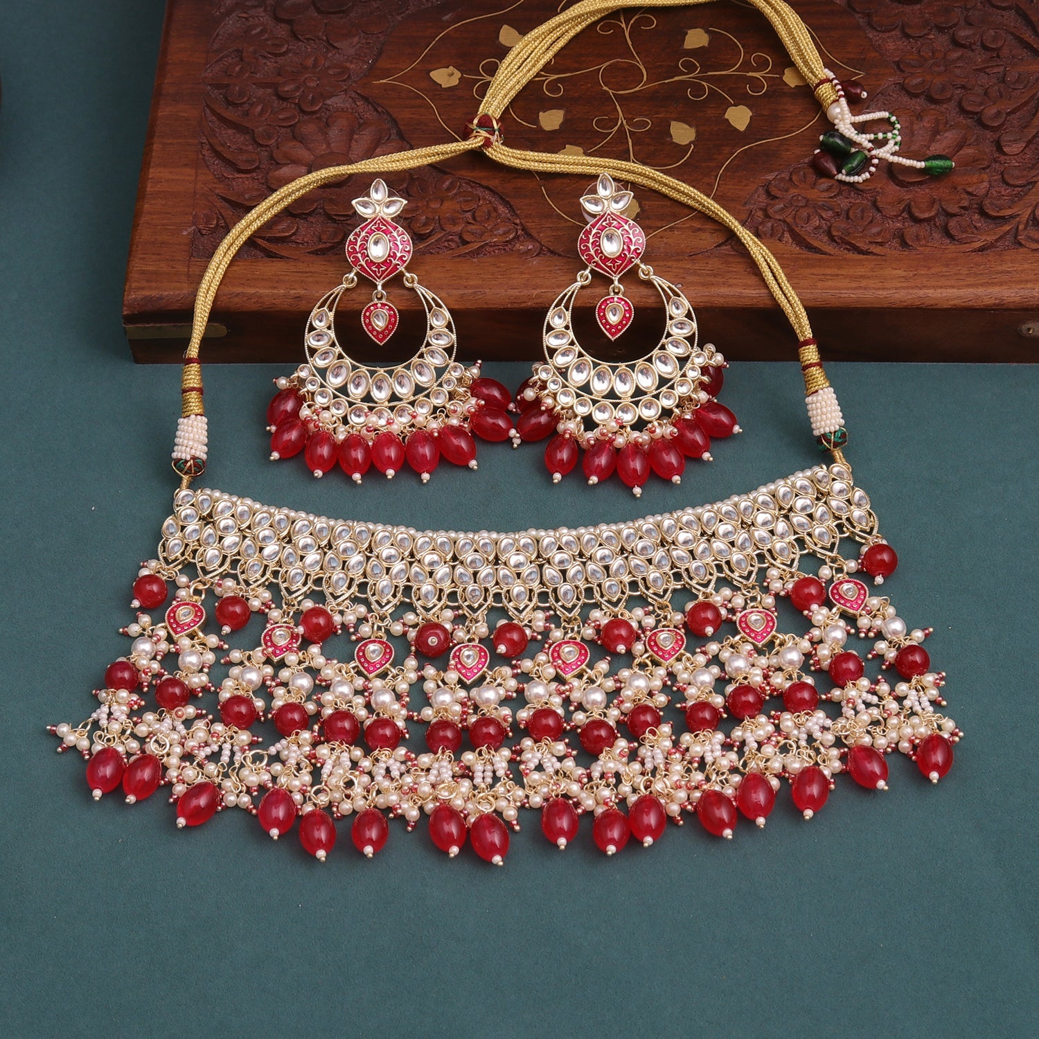 Sukkhi Pink Gold Plated Kundan & Pearl Choker Necklace Set For Women