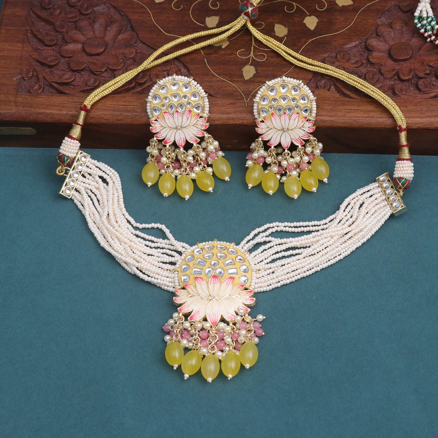 Sukkhi Yellow Gold Plated Kundan & Pearl Choker Necklace Set For Women