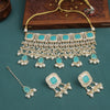 Sukkhi Aqua Gold Plated Kundan & Pearl Choker Necklace Set For Women
