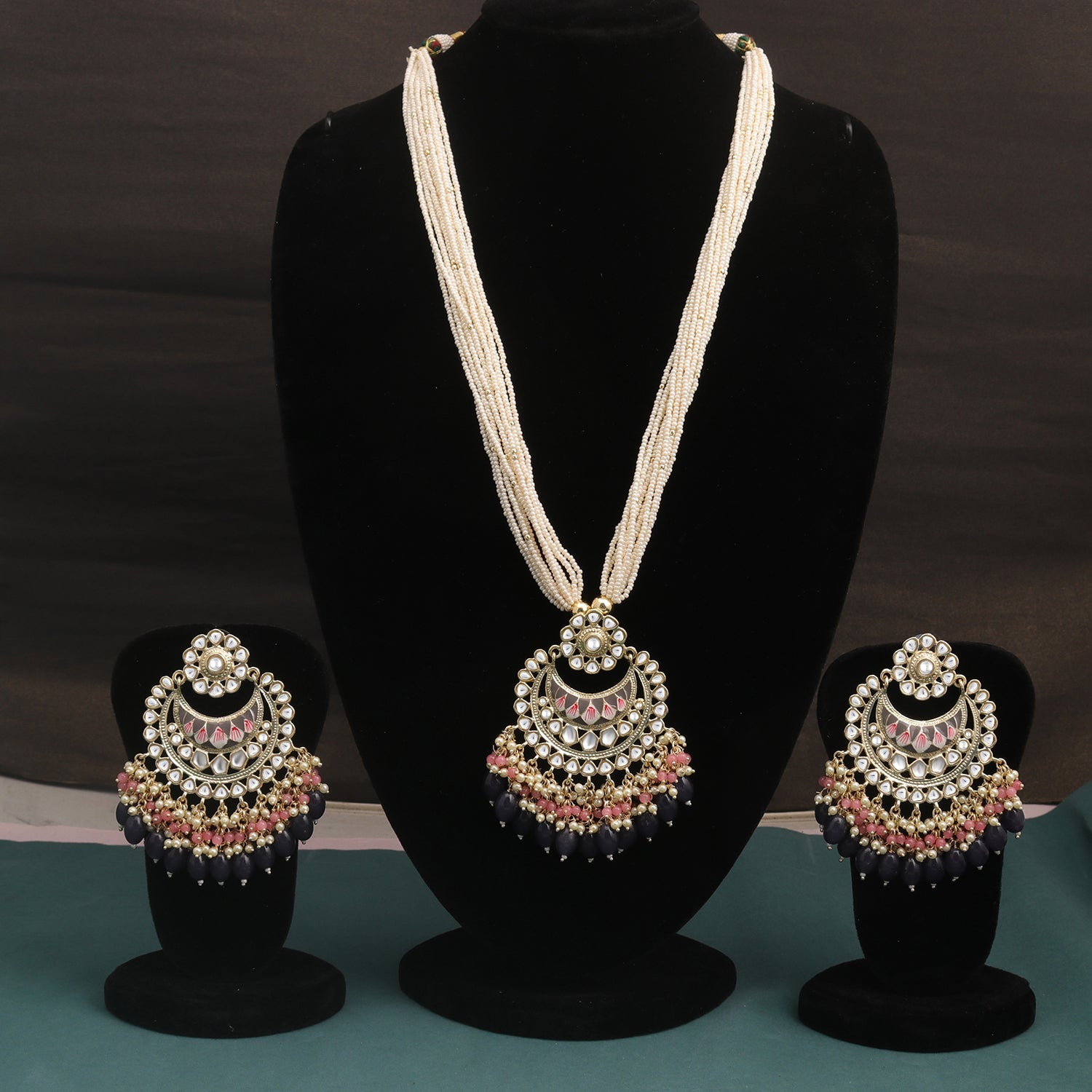 Sukkhi Blue Gold Plated Kundan & Pearl Long Necklace Set For Women