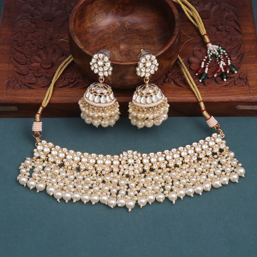 Sukkhi Golden Gold Plated Kundan & Pearl Choker Necklace Set For Women