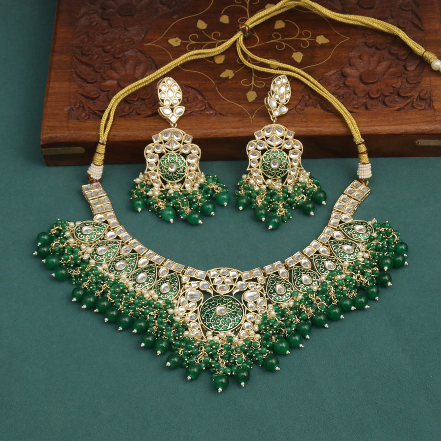 Sukkhi Green Gold Plated Kundan & Pearl Choker Necklace Set For Women
