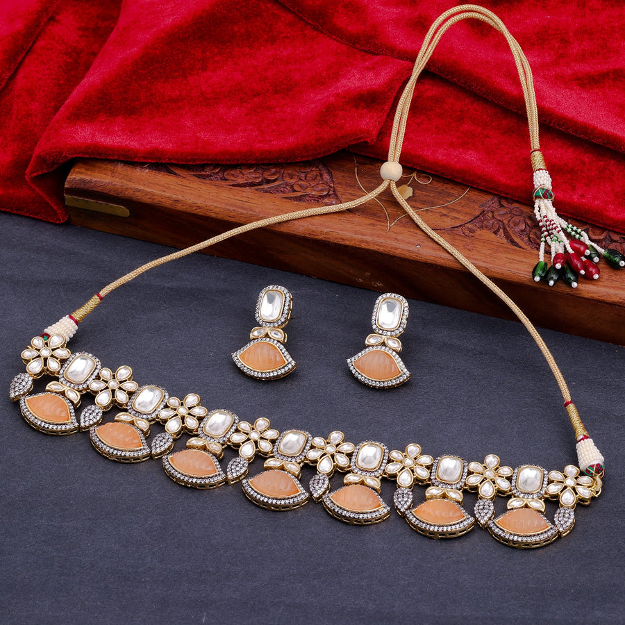 Sukkhi Pink Gold Plated Kundan & Pearl Long Necklace Set For Women 