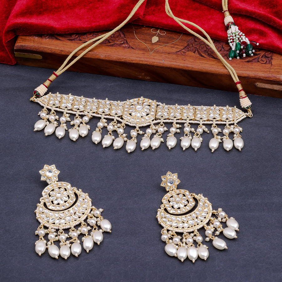 Sukkhi Golden Gold Plated Kundan & Pearl Choker Necklace Set For Women