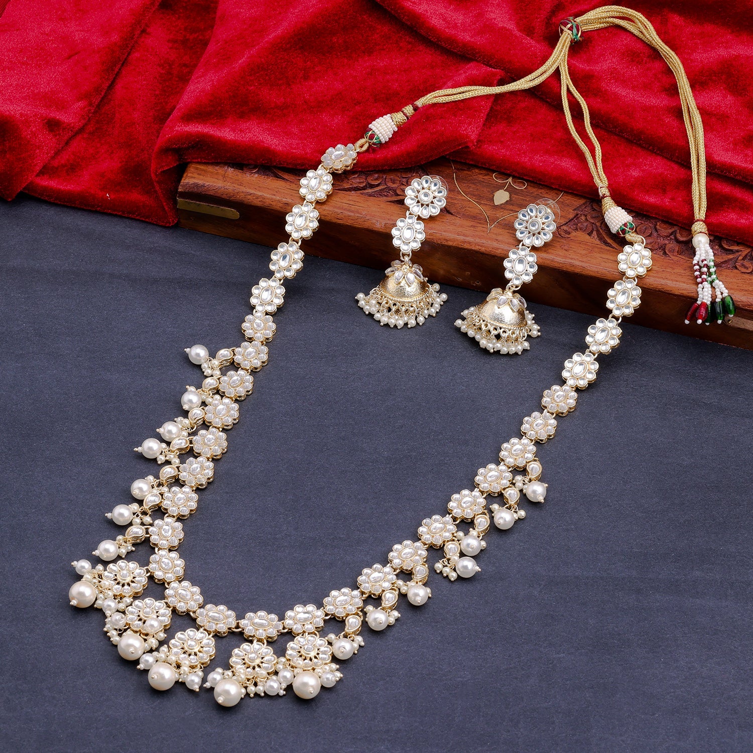 Sukkhi Golden Gold Plated Kundan & Pearl Long Necklace Set For Women