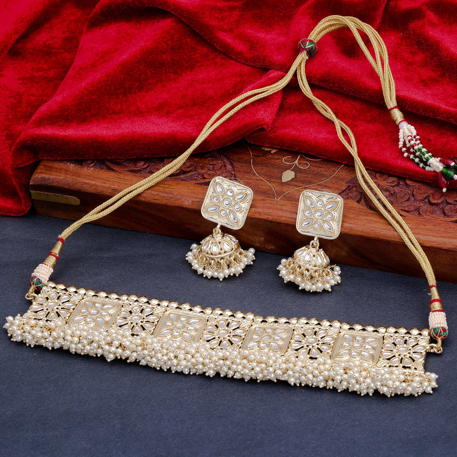 Sukkhi Golden Gold Plated Kundan & Pearl Choker Necklace Set For Women