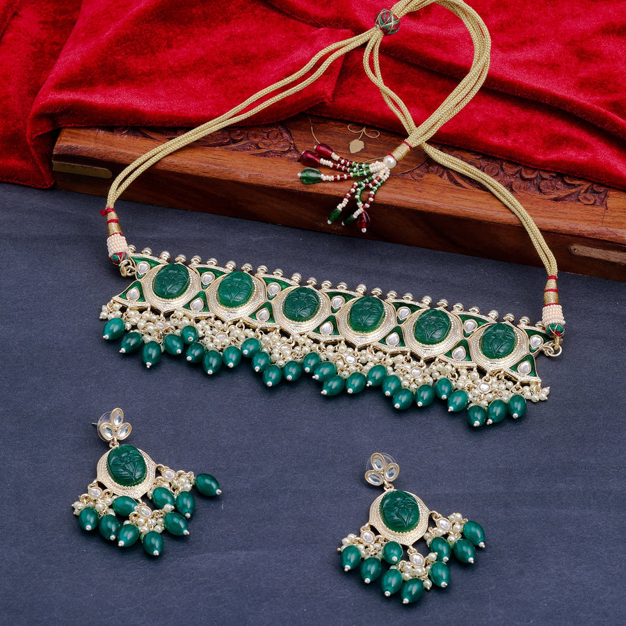 Sukkhi Green Gold Plated Kundan & Pearl Choker Necklace Set For Women