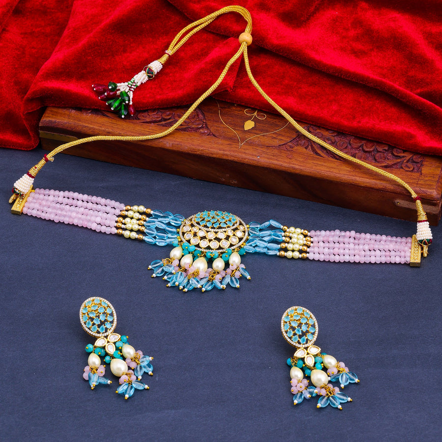Sukkhi Multi Gold Plated Kundan & Pearl Choker Necklace Set For Women
