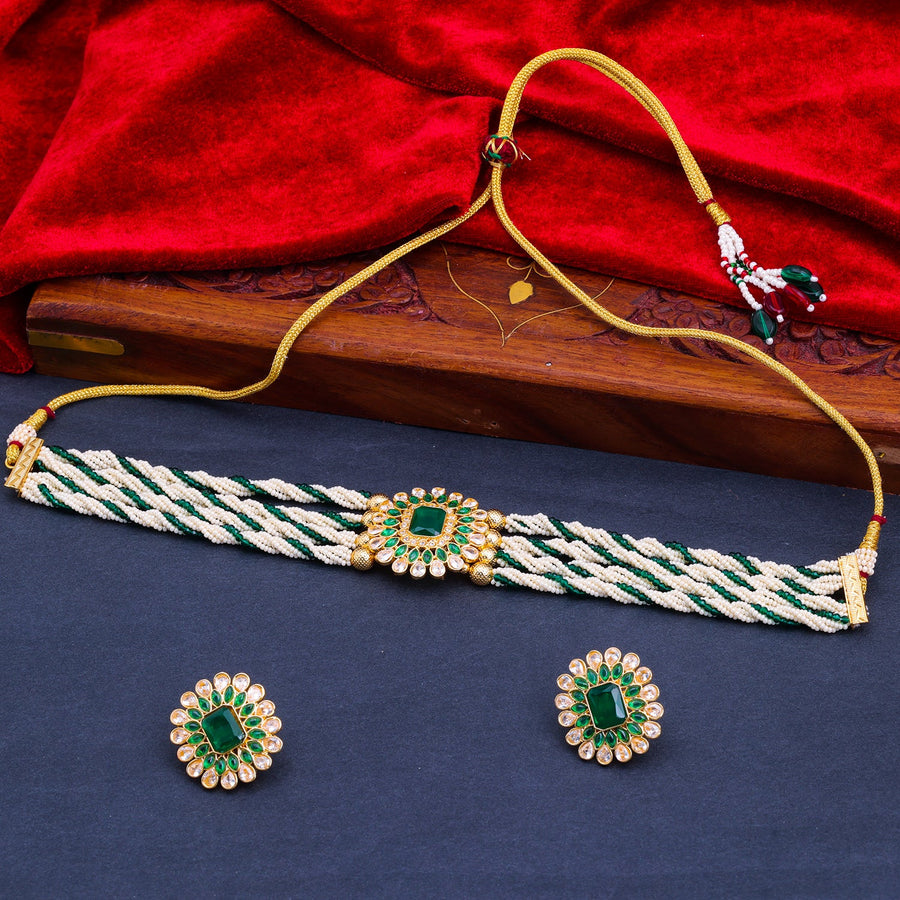 Sukkhi Green Gold Plated Kundan & Pearl Choker Necklace Set For Women