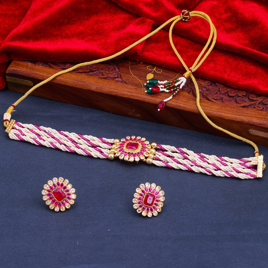 Sukkhi Pink Gold Plated Kundan & Pearl Choker Necklace Set For Women