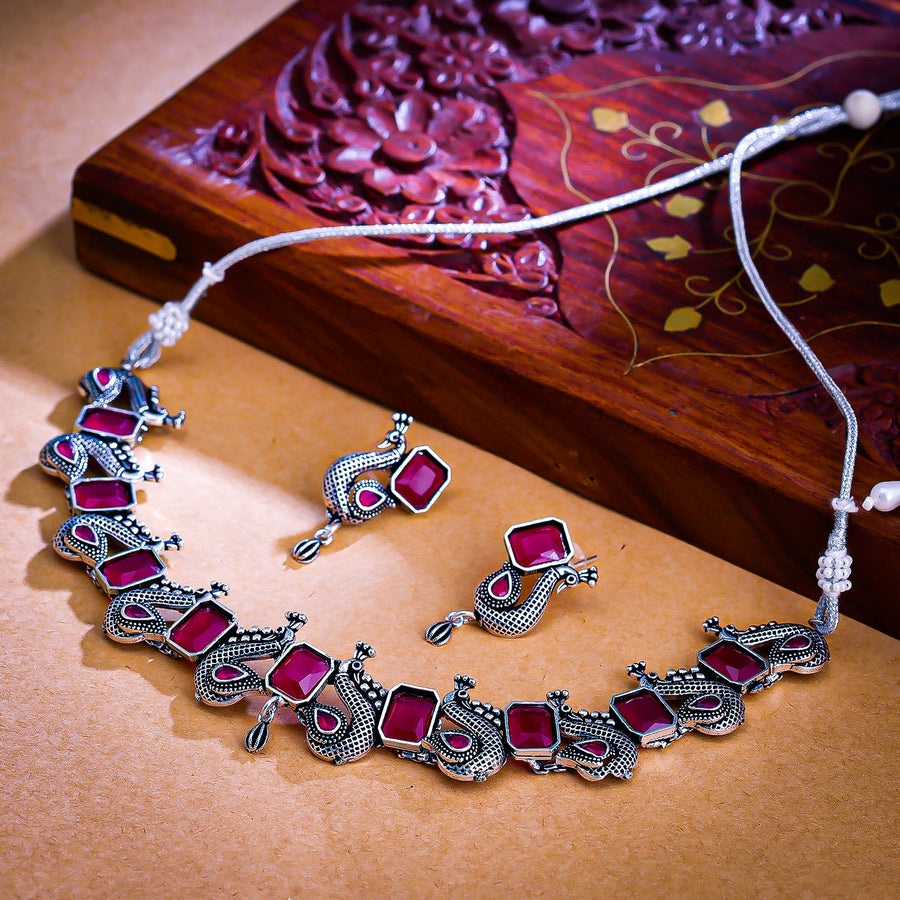 Sukkhi Ruby Oxidised Pearl Peacock Necklace Set For Women