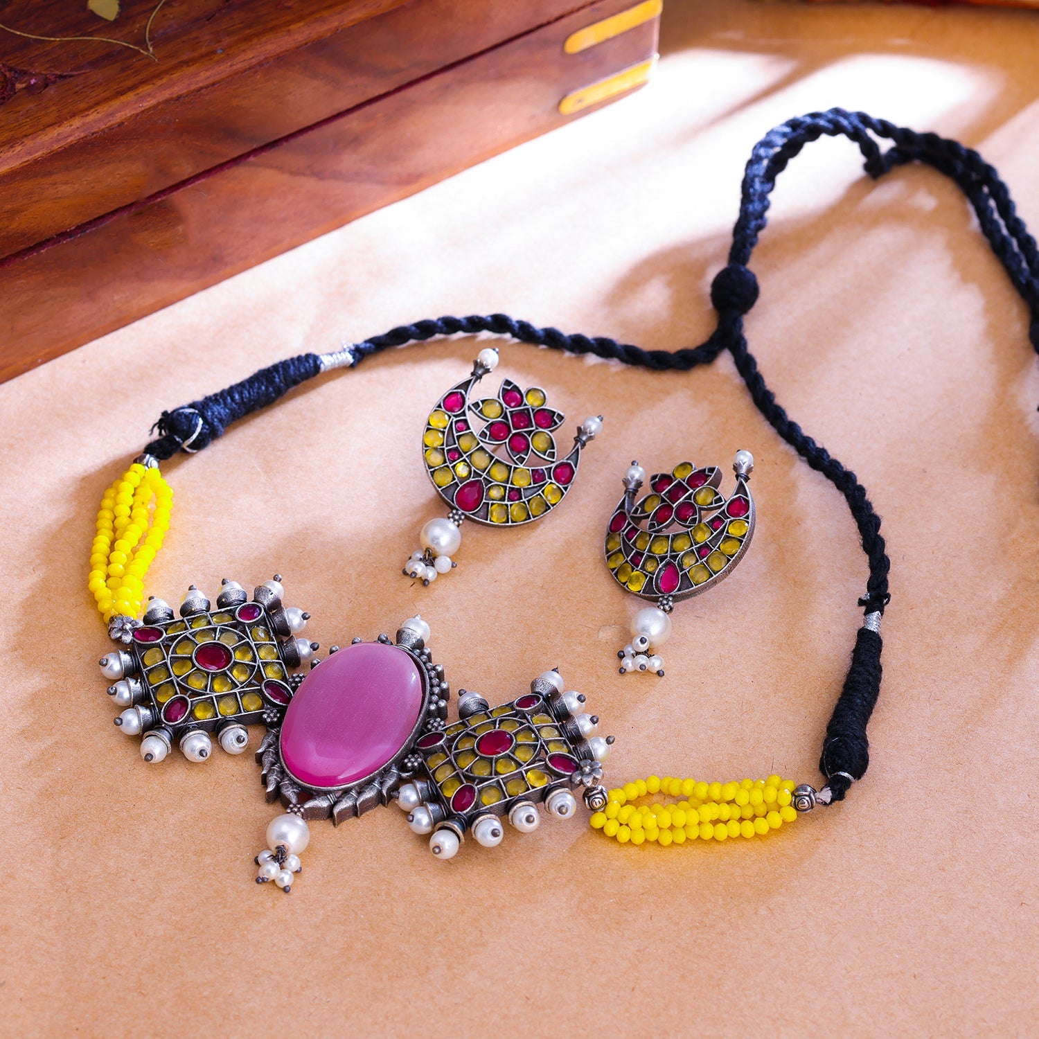 Sukkhi Yellow Oxidised Pearl Choker Necklace Set For Women