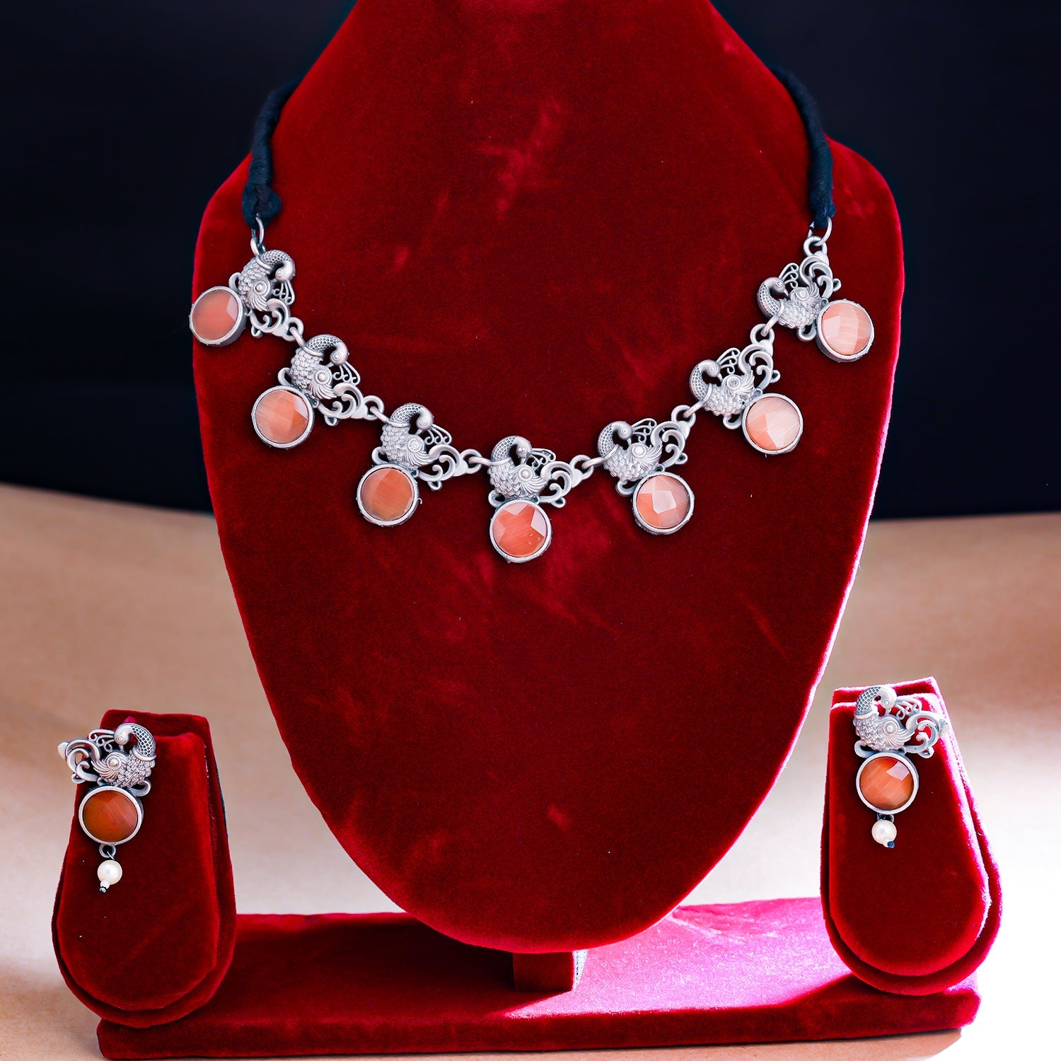 Sukkhi Peach Oxidised Pearl Peacock Necklace Set For Women