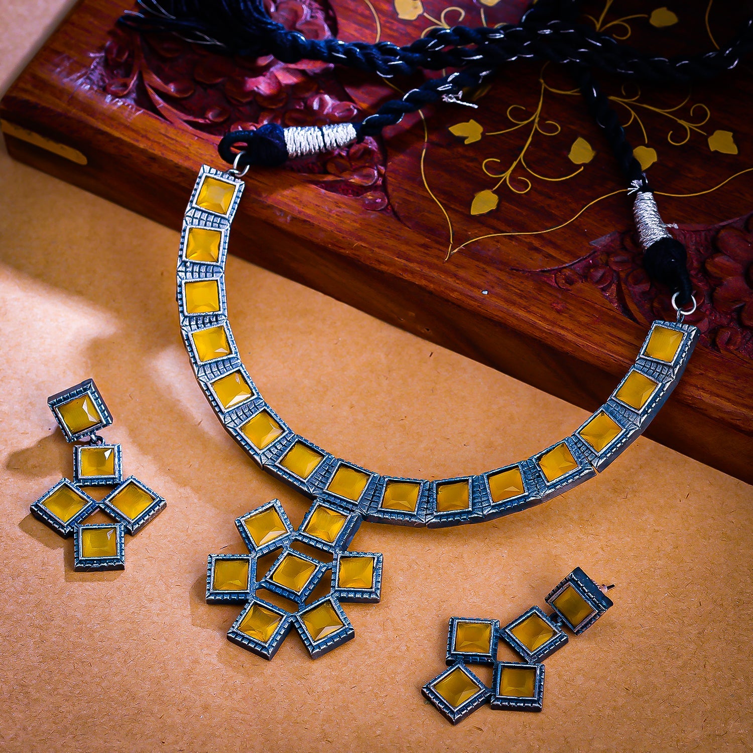 Sukkhi Yellow Oxidised Pearl Choker Necklace Set For Women