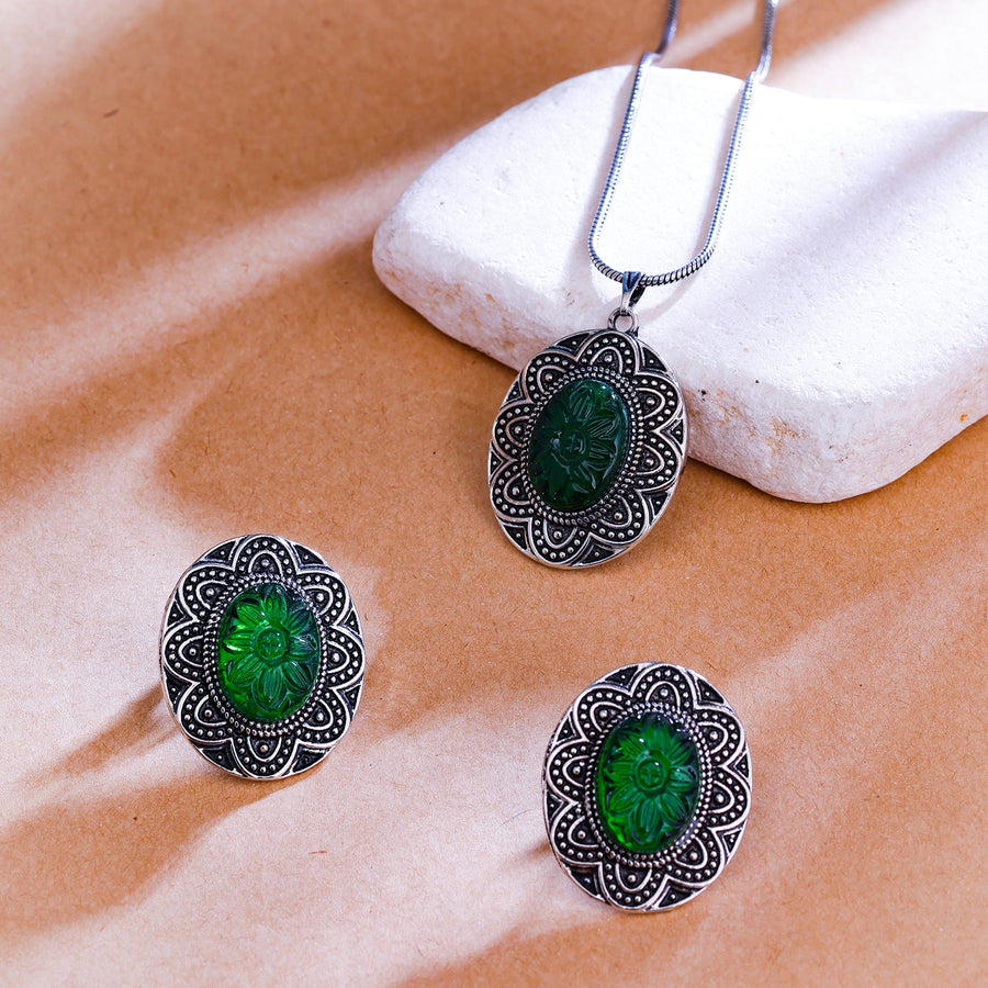 Sukkhi Green Oxidised Pearl Long Pendant Set For Women