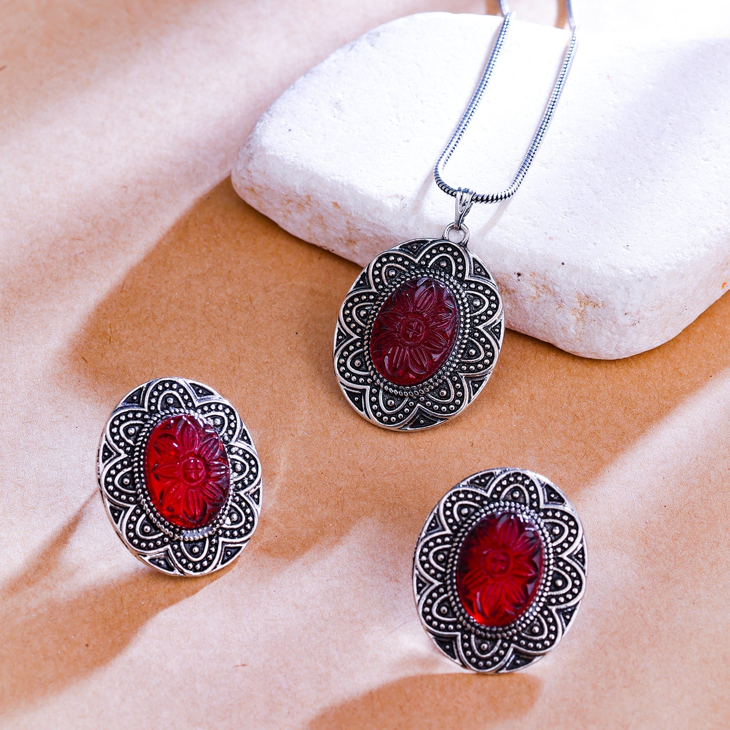 Sukkhi Maroon Oxidised Pearl Long Pendant Set For Women