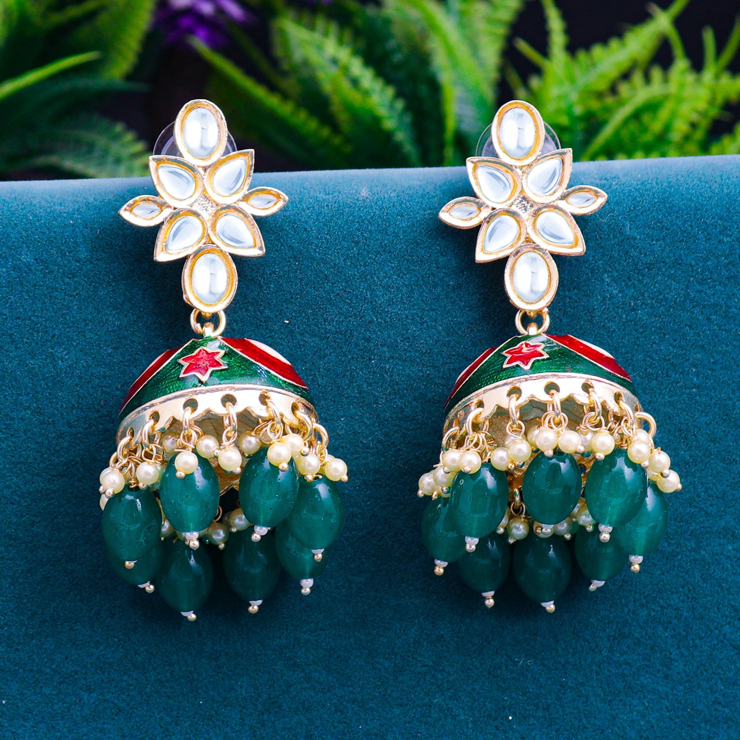 Multi Jadau Kundan Jhumka Earrings Grid Design Lotus  Posh Jewelery