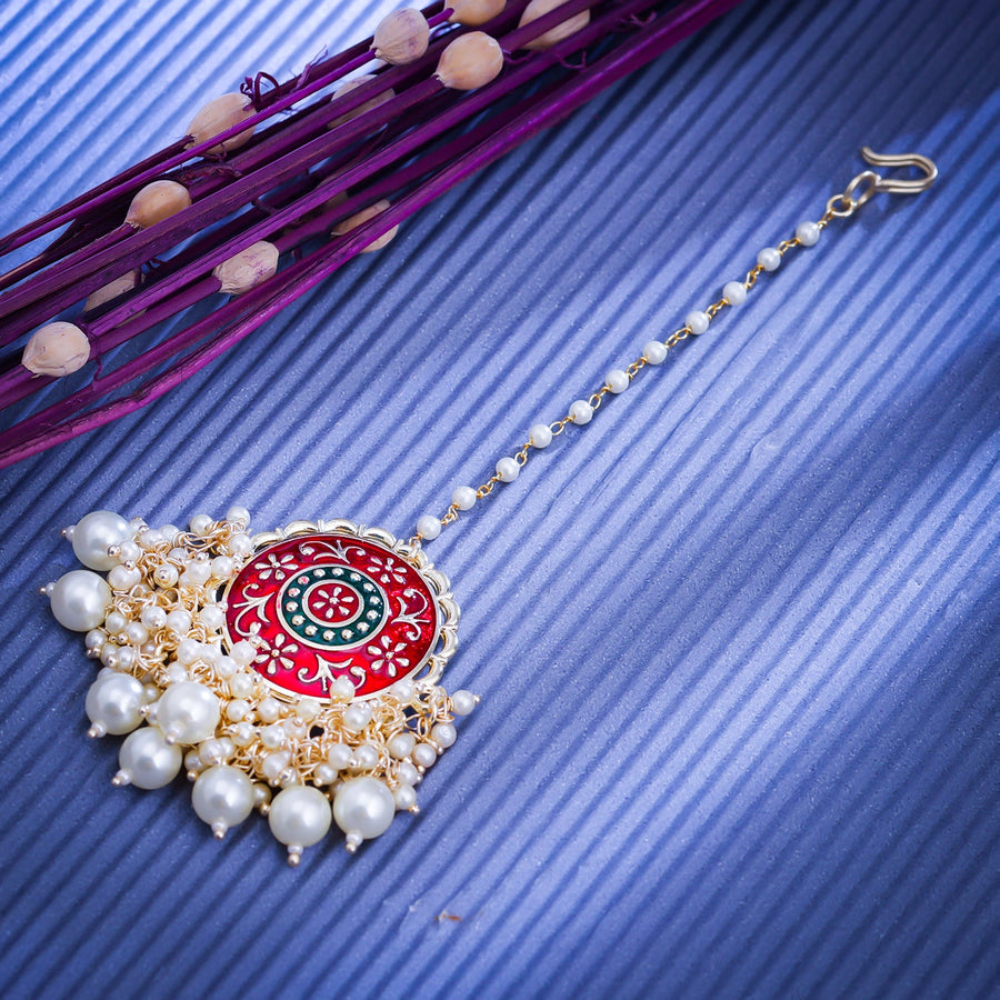 Sukkhi Golden Gold Plated Kundan & Pearl Mangtikka For Women