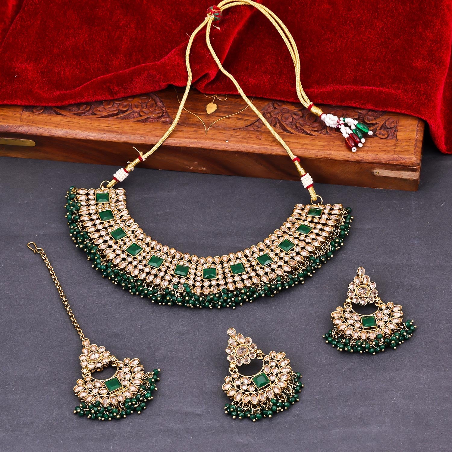 Sukkhi Green Gold Plated Reverse AD & Pearl Choker Necklace Set For Women