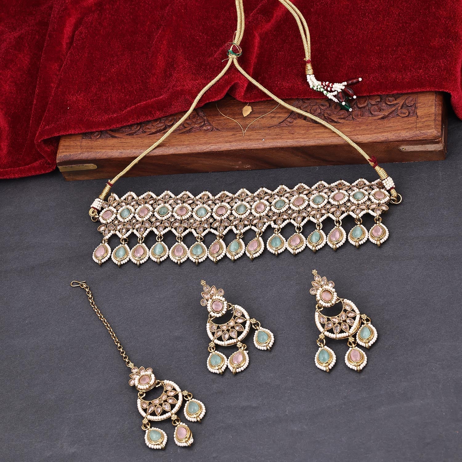 Sukkhi Pink & Green Gold Plated Reverse AD & Pearl Choker Necklace Set For Women
