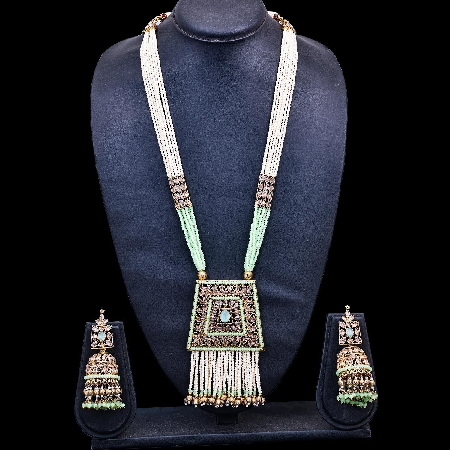 Sukkhi Green Gold Plated Reverse AD & Pearl Long Necklace Set For Women