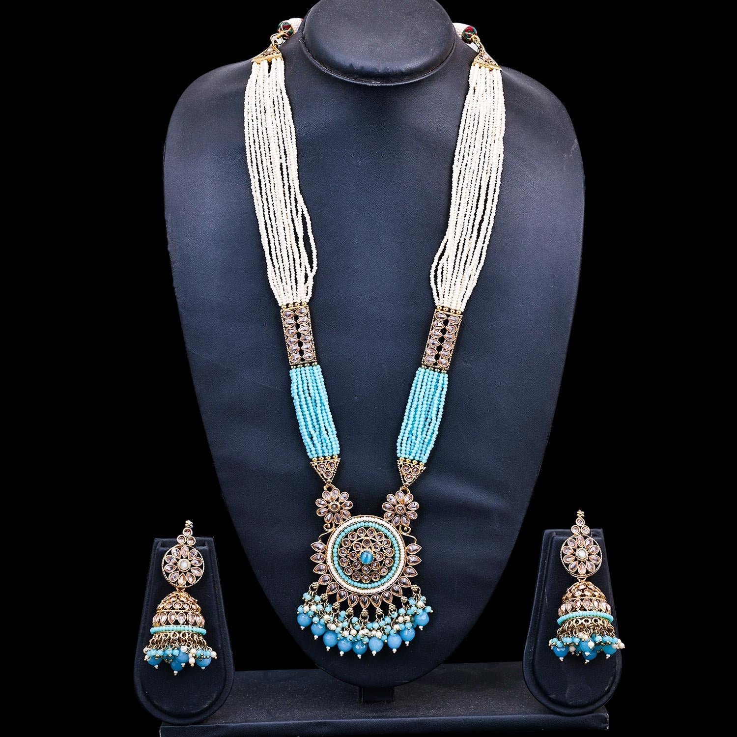 Sukkhi Aqua Gold Plated Reverse AD & Pearl Long Necklace Set For Women