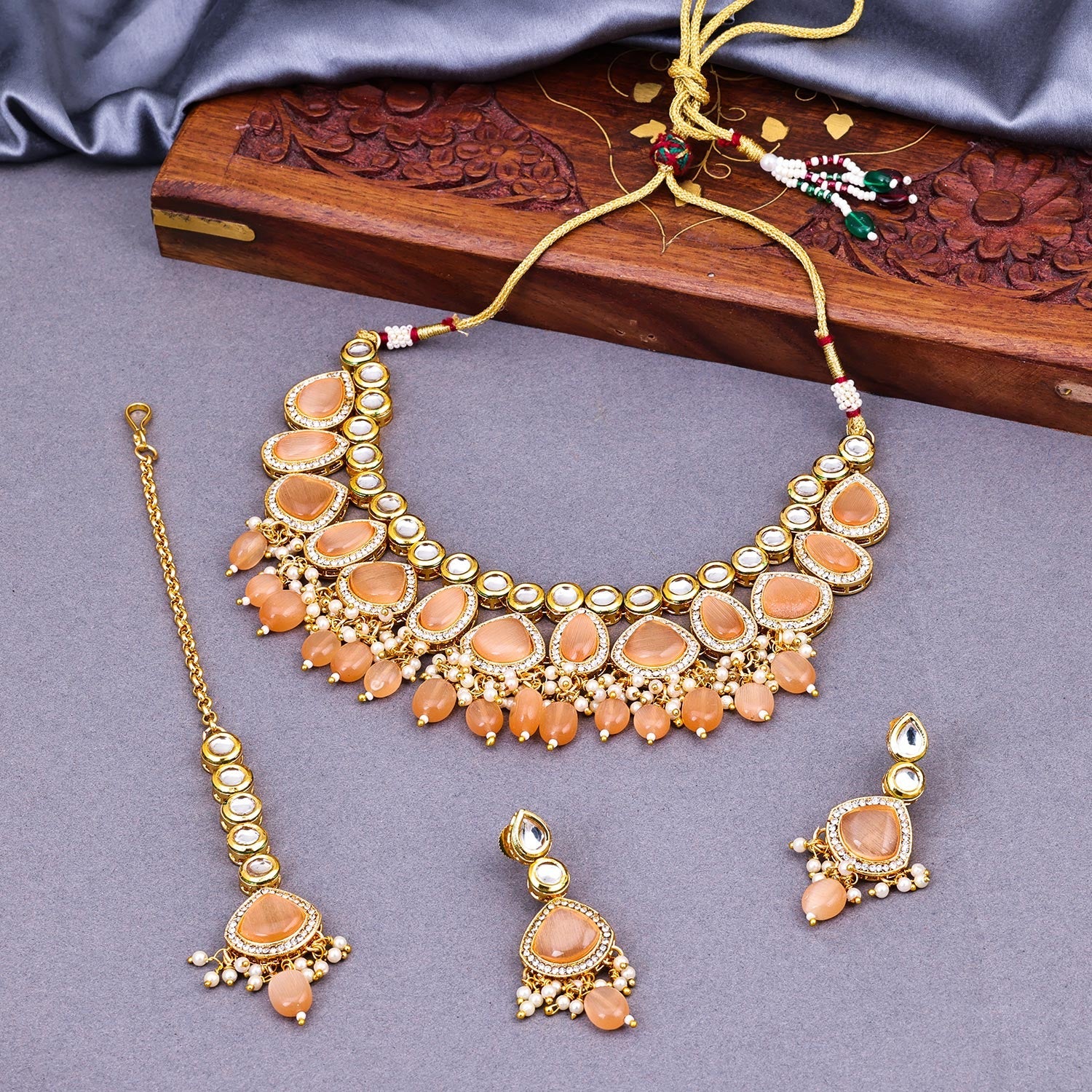 Sukkhi Peach Gold Plated Kundan & CZ & Pearl Choker Necklace Set For Women