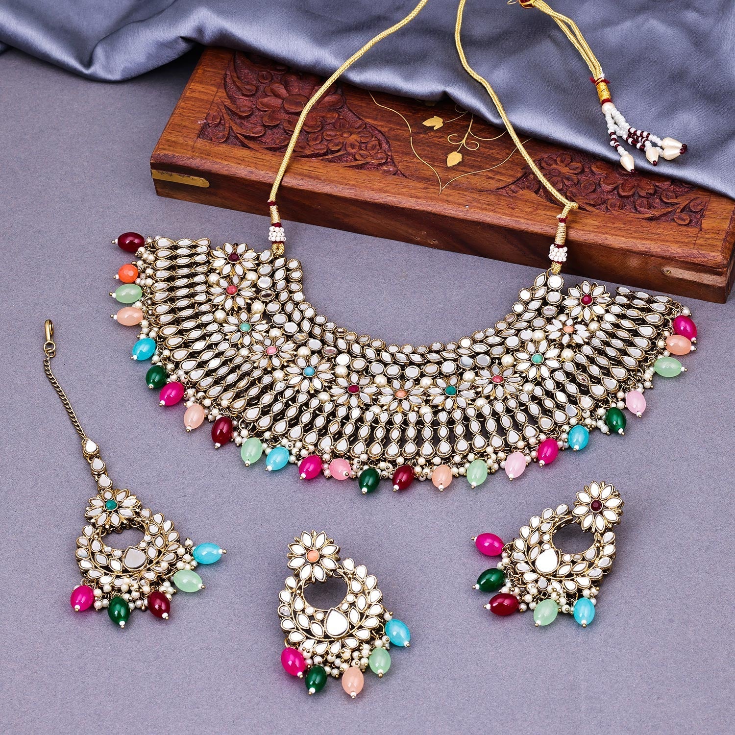 Sukkhi Multi Gold Plated Mirror & Pearl Choker Necklace Set For Women