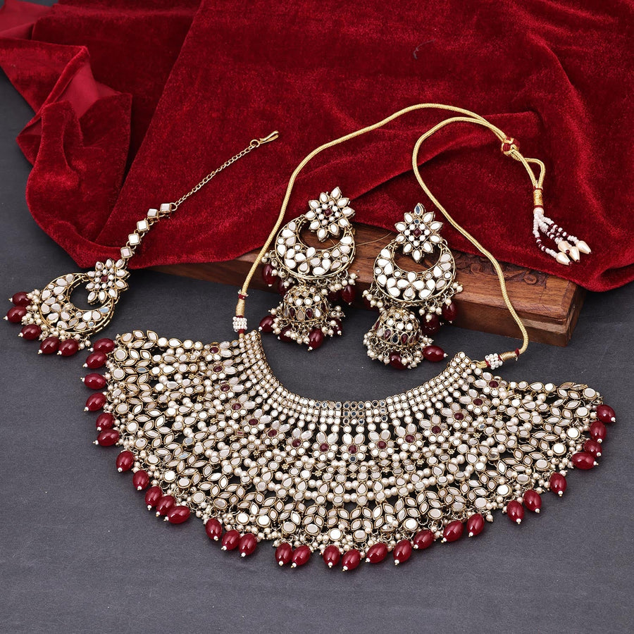 Sukkhi Maroon Gold Plated Mirror & Pearl Choker Necklace Set For Women