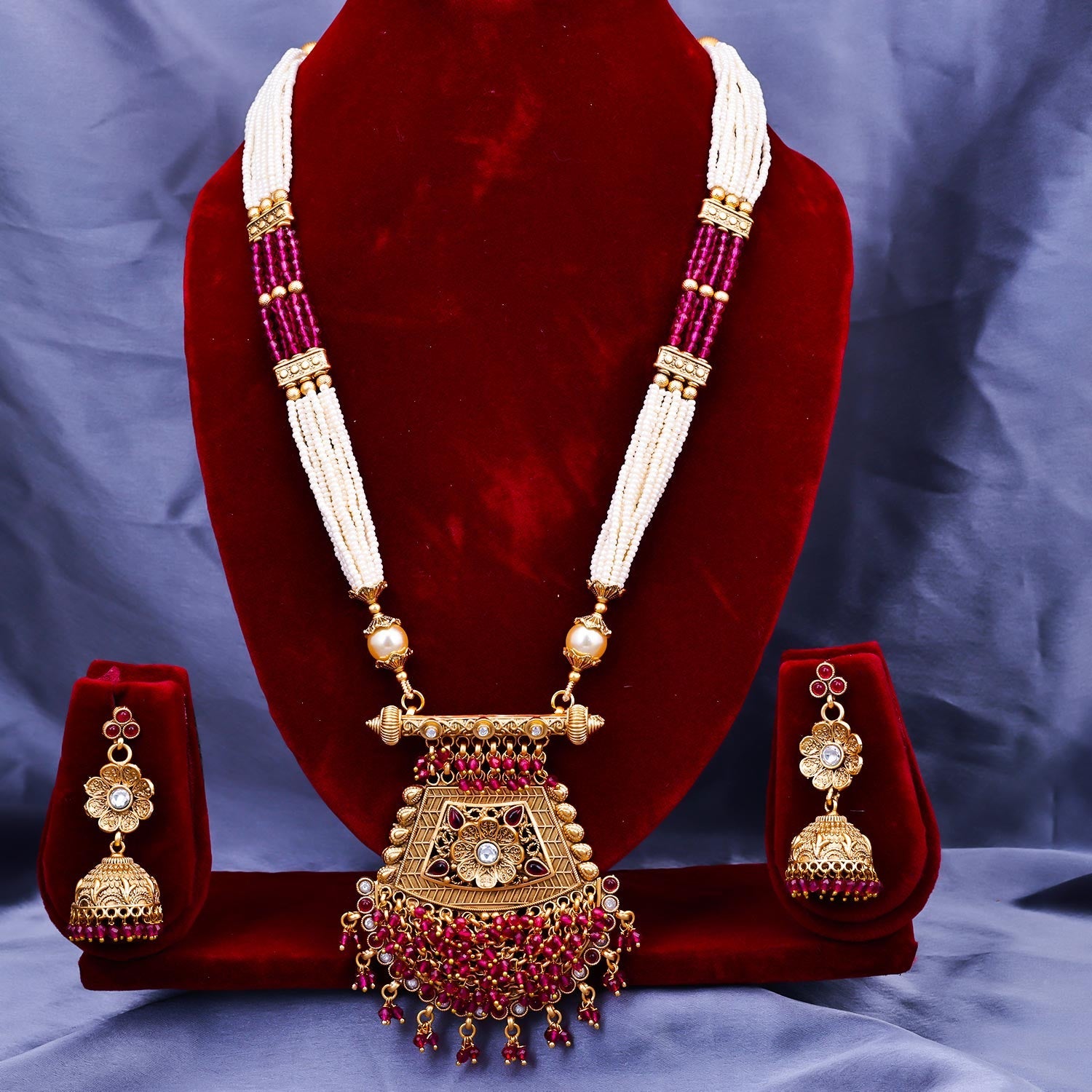 Sukkhi Pink Gold Plated Kundan & Pearl Long Necklace Set For Women