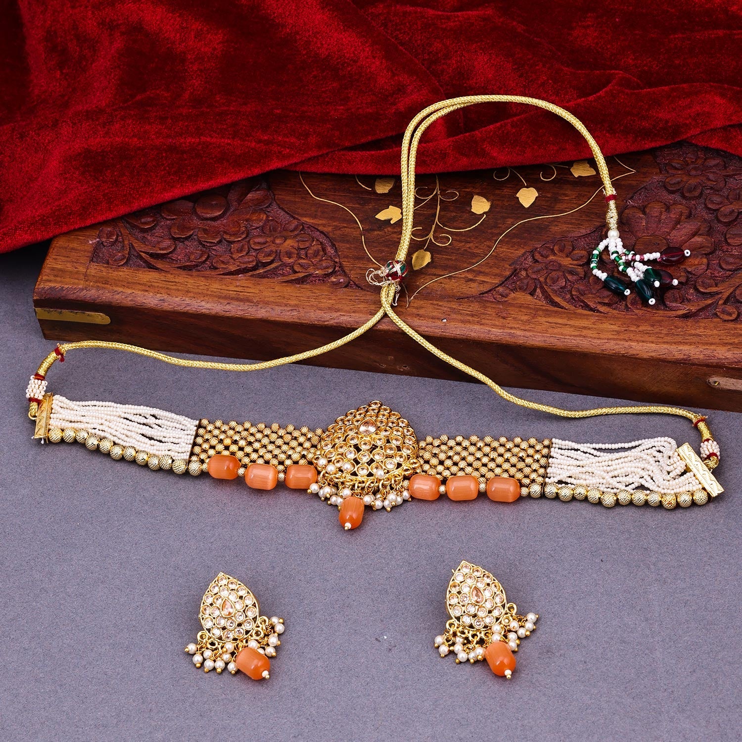 Buy Green And Orange Necklace Set With Bead Drops And Studded Kundan Polki  KALKI Fashion India