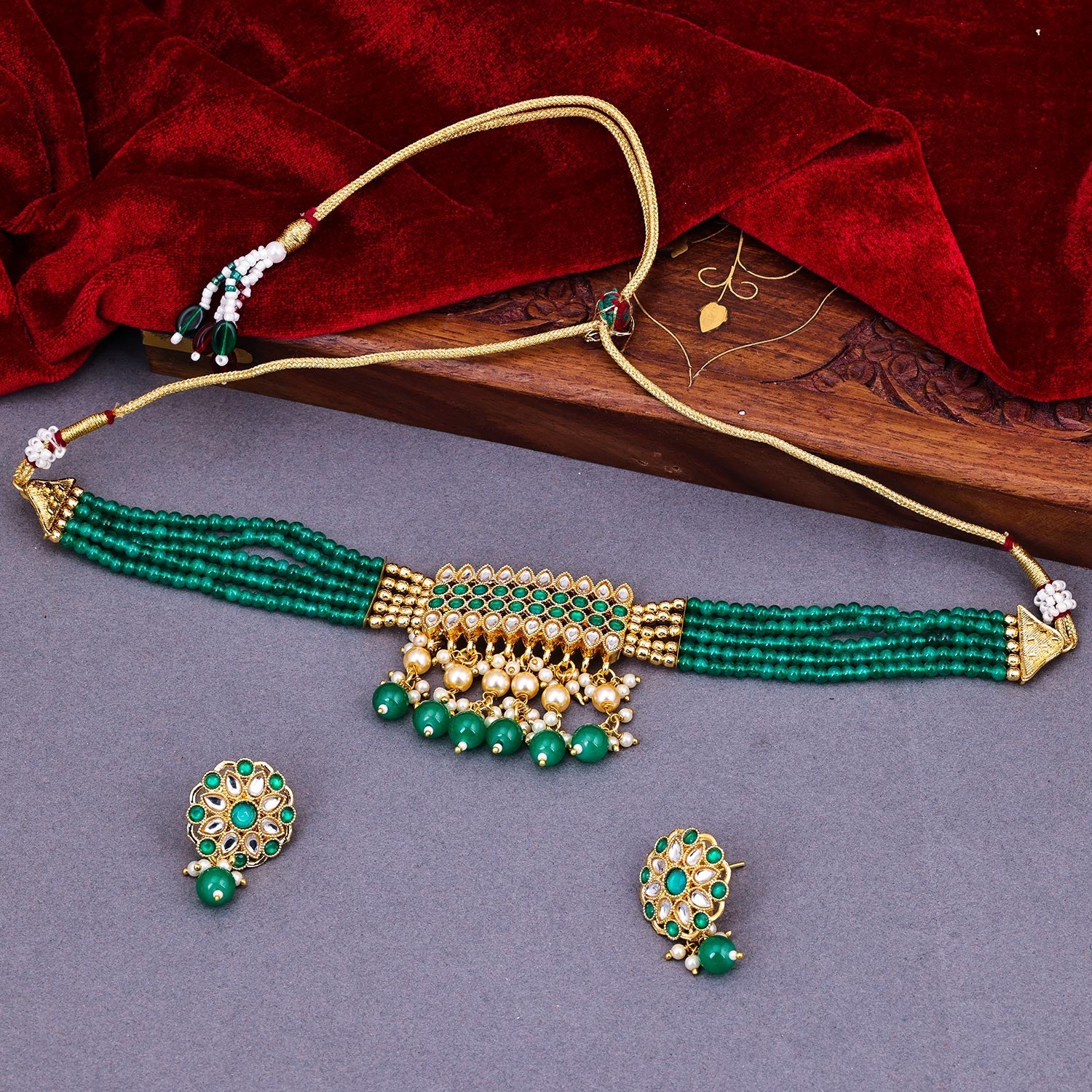 Sukkhi Green Gold Plated Kundan & Pearl Choker Necklace Set For Women