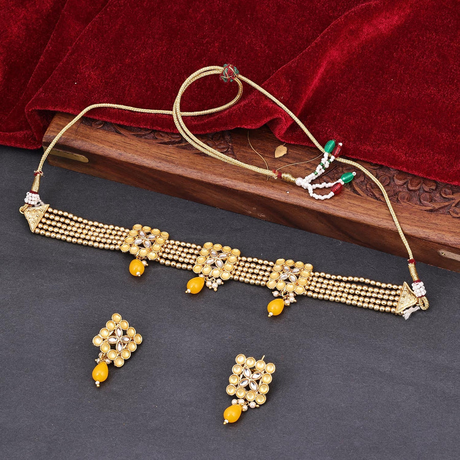 Sukkhi Golden Gold Plated Kundan & Pearl Choker Necklace Set For Women