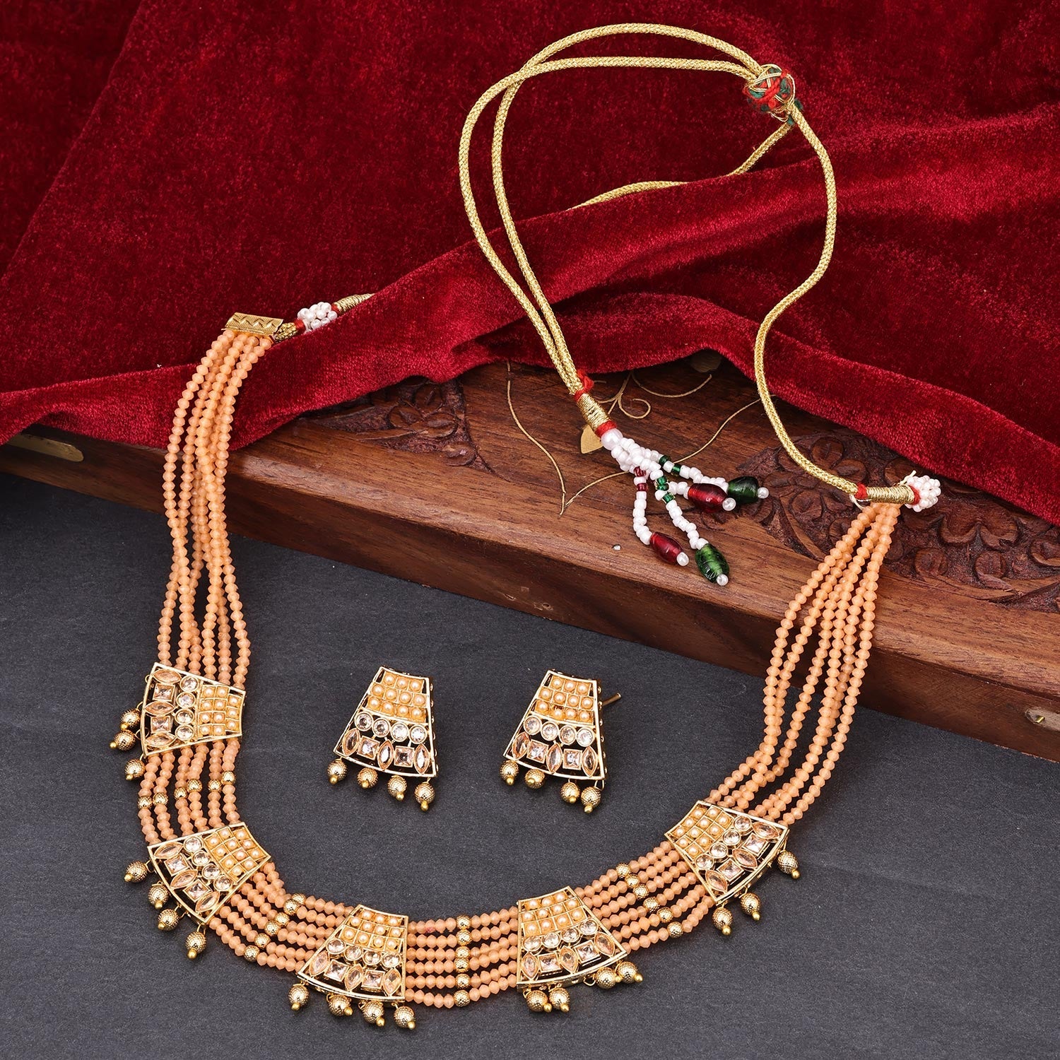 Sukkhi Orange Gold Plated Kundan & Pearl Choker Necklace Set For Women