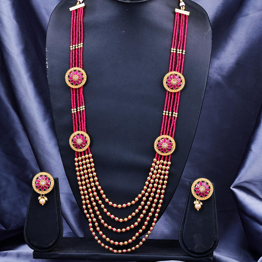 Sukkhi Pink Gold Plated Kundan & Pearl Long Necklace Set For Women