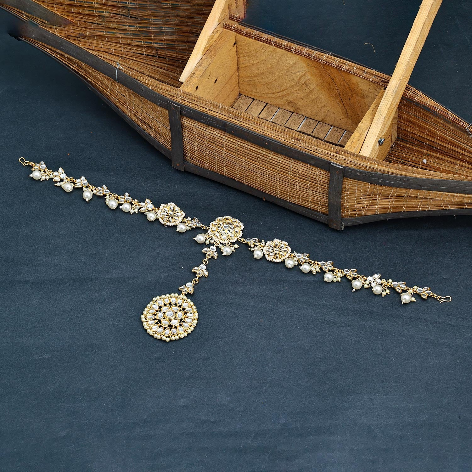 Sukkhi Golden Gold Plated Kundan & Pearl Matha Patti For Women
