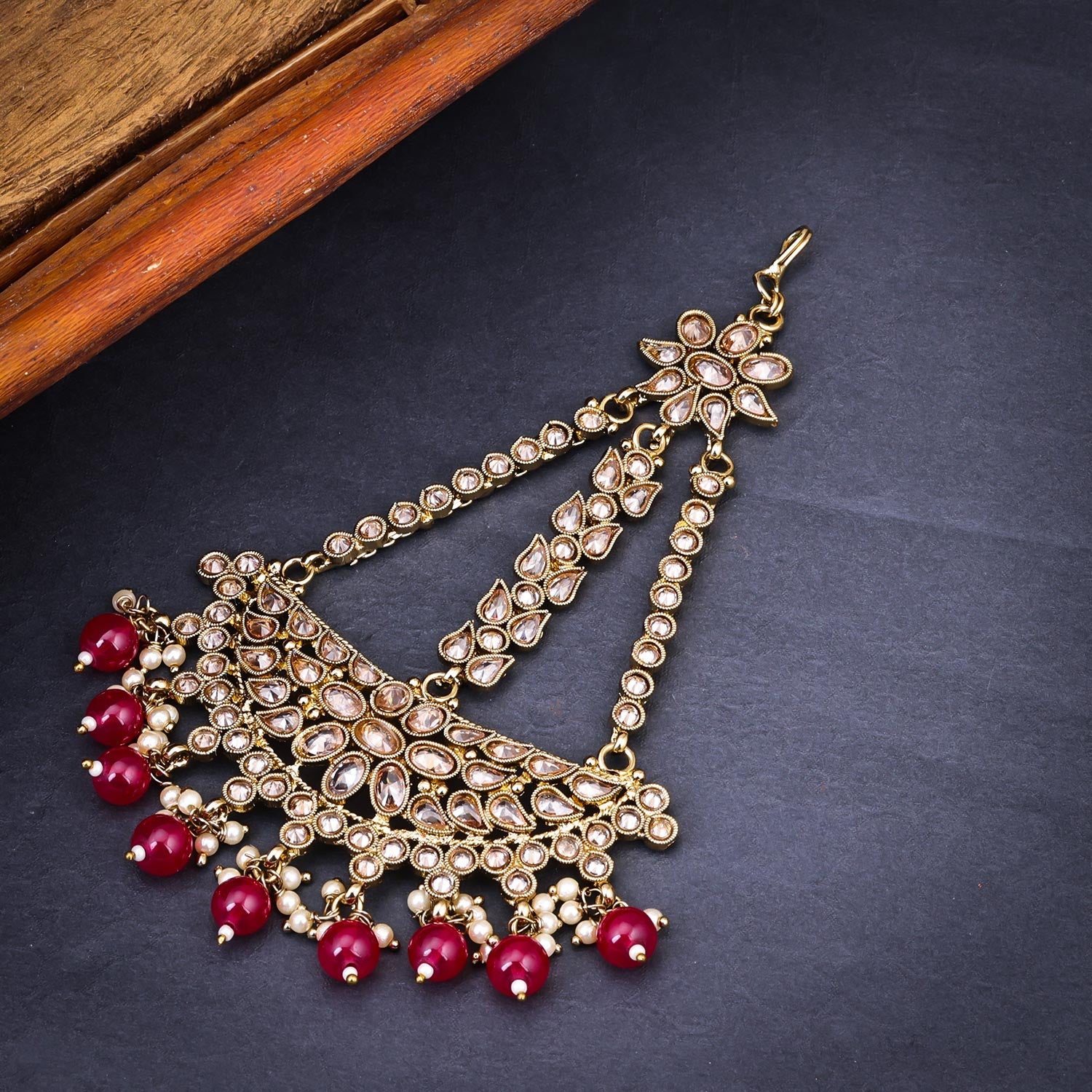 Sukkhi Red Gold Plated Kundan & Pearl Passa For Women