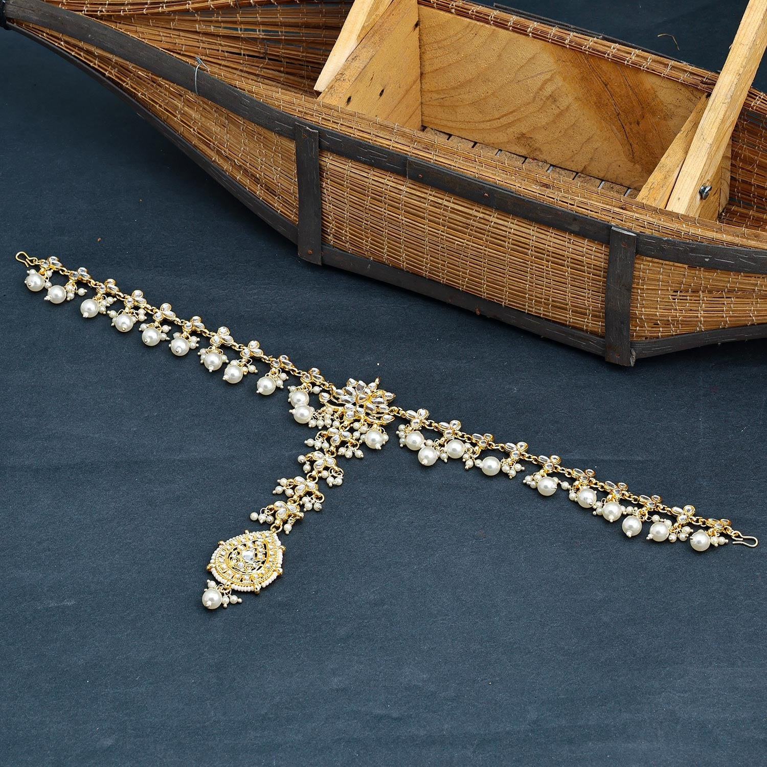 Sukkhi Golden Gold Plated Kundan & Pearl Matha Patti For Women