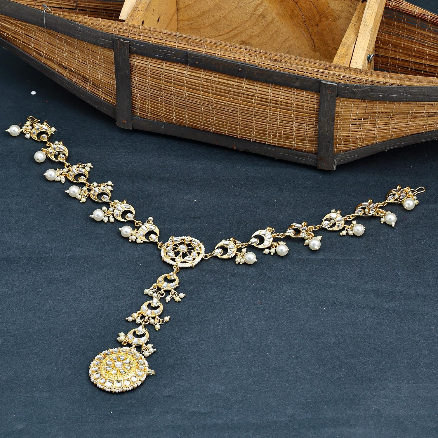 Sukkhi Golden Gold Plated Kundan & Pearl Matha Patti For Women