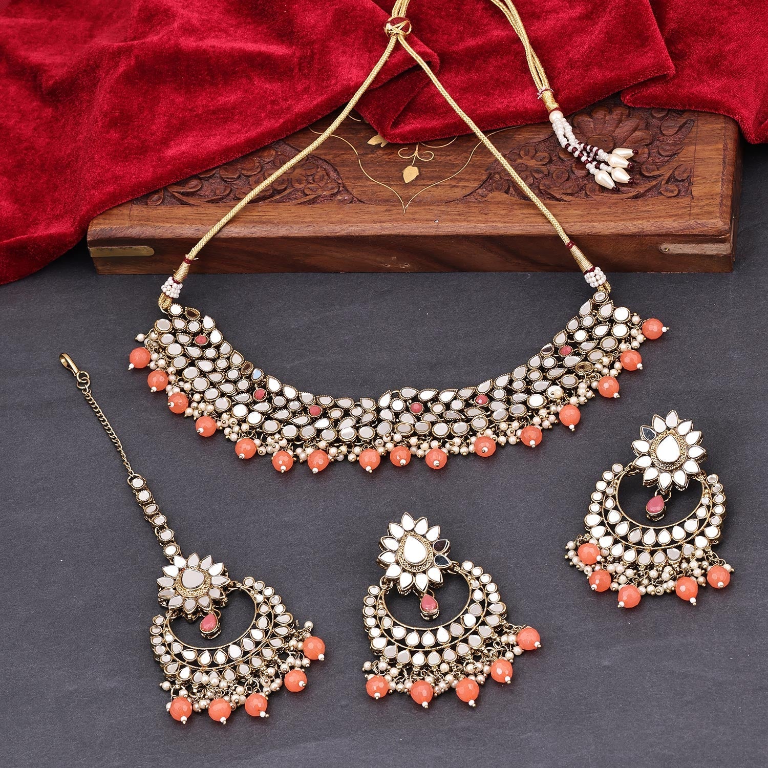 Sukkhi Orange Gold Plated Mirror & Pearl Choker Necklace Set For Women