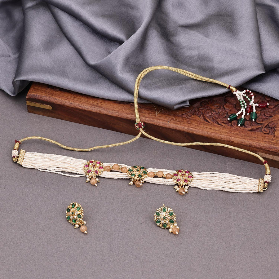 Sukkhi Pink & Green Gold Plated Kundan & Pearl Choker Necklace Set For Women