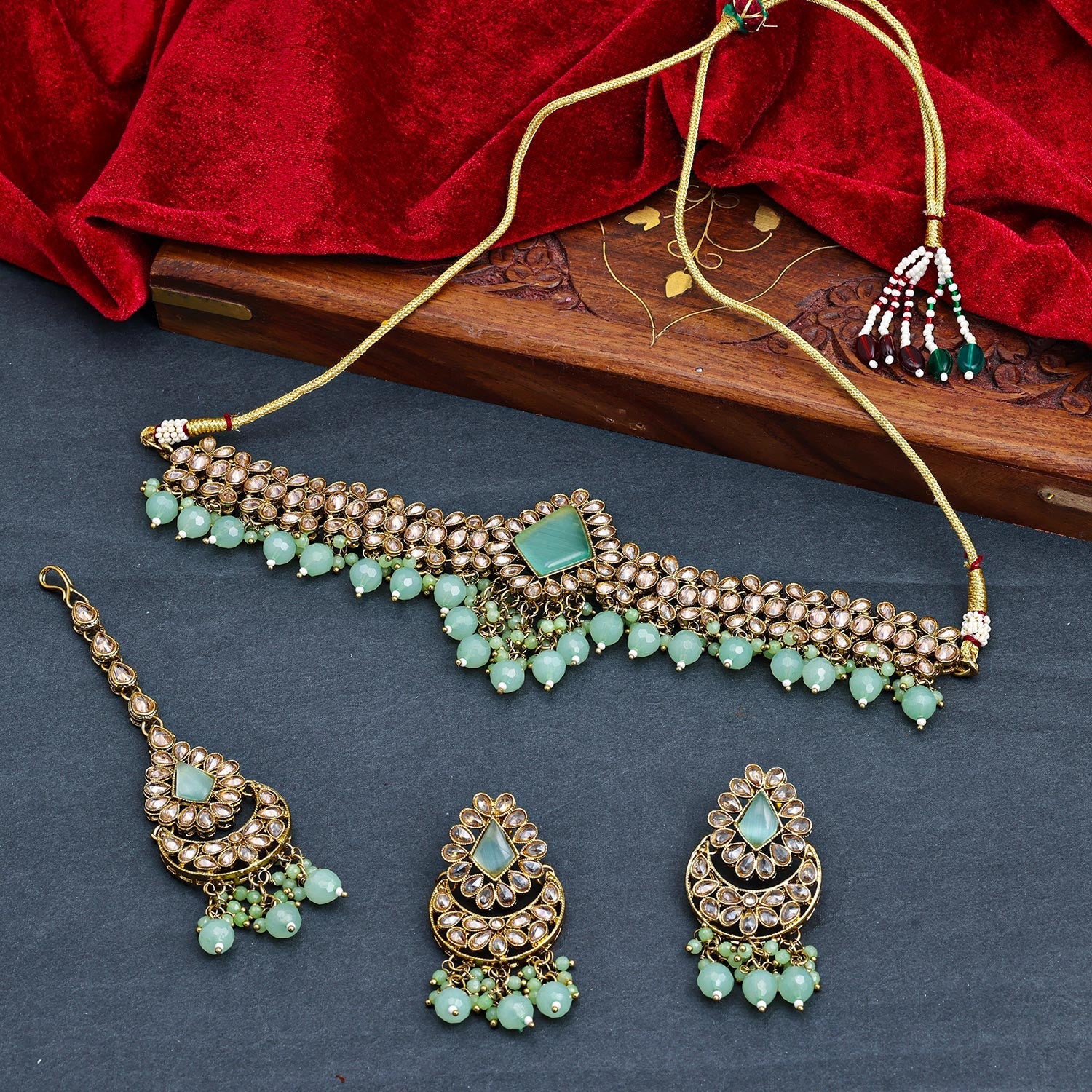 Floral Design Mint Green Gold Kundan Choker set with maang Tikka