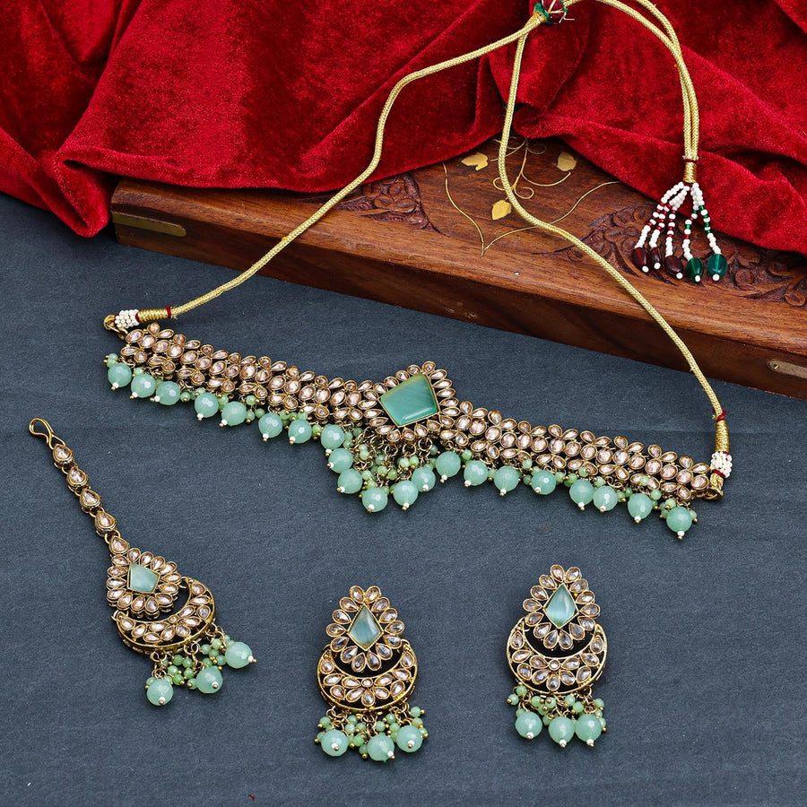 Sukkhi Green Gold Plated Kundan & Pearl Choker Necklace Set For Women