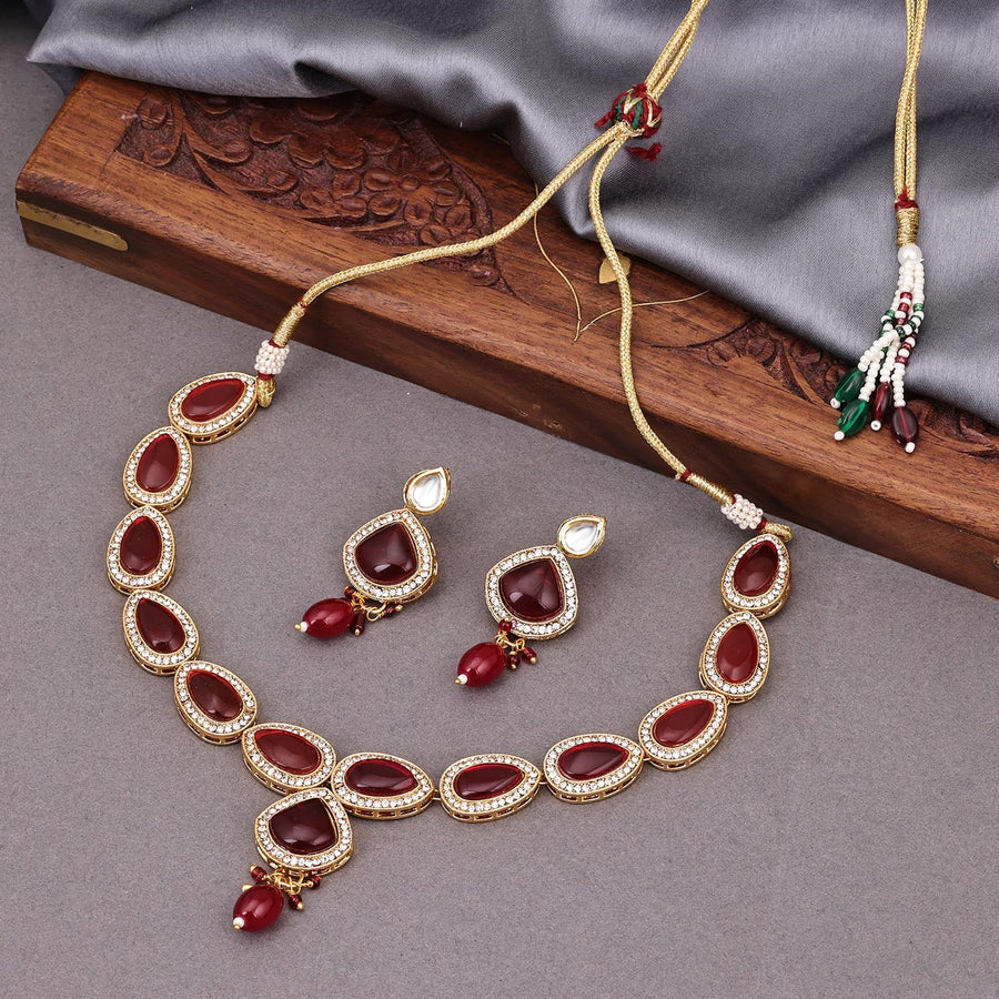 Sukkhi Red Gold Plated CZ & Pearl Choker Necklace Set For Women