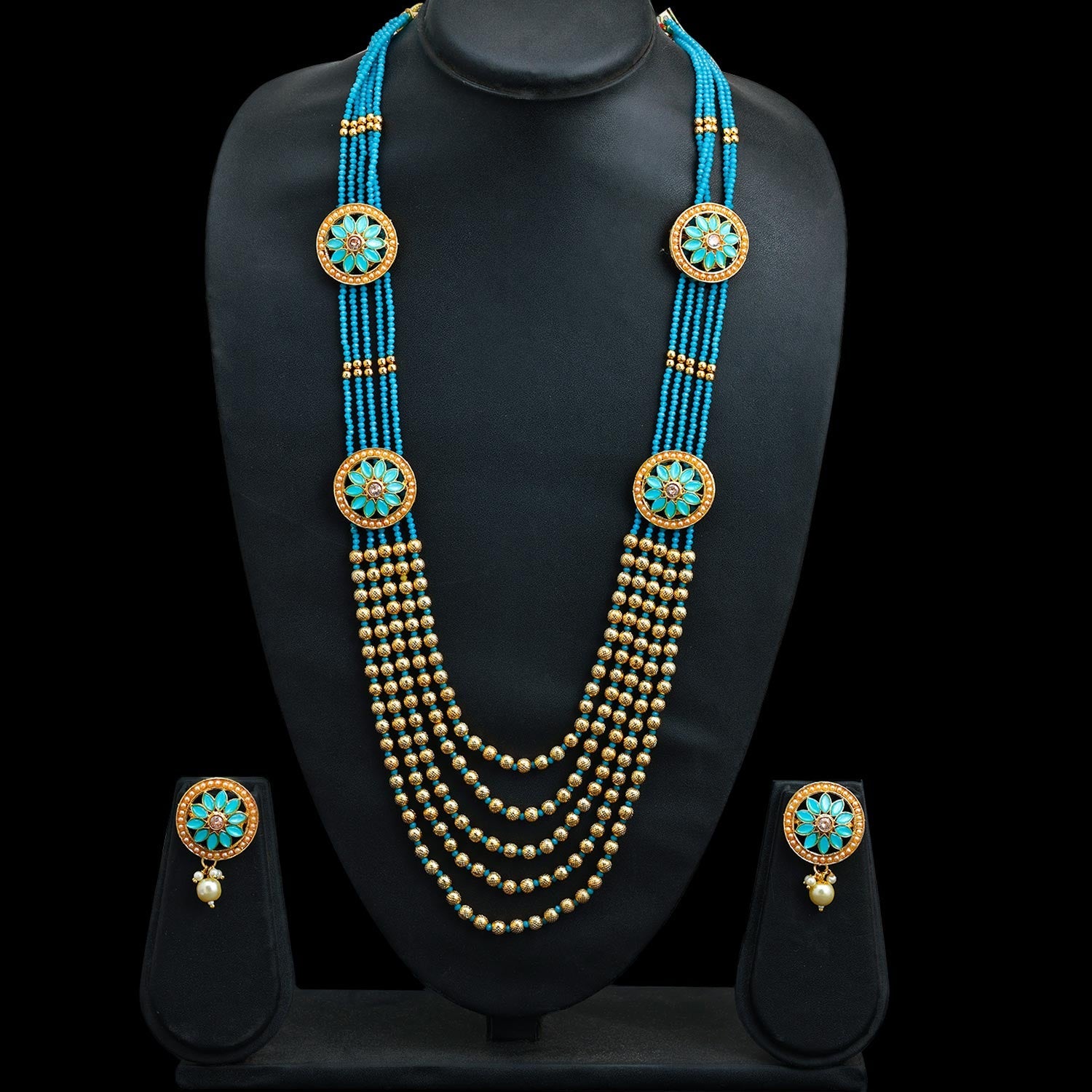Sukkhi Aqua Gold Plated Pearl Long Necklace Set For Women