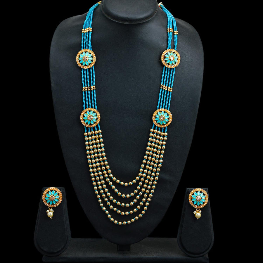 Sukkhi Aqua Gold Plated Pearl Long Necklace Set For Women